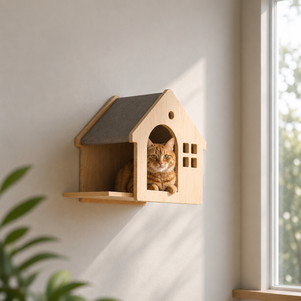 PetNova Solid Wood Wall-Mounted Cat Shelf House