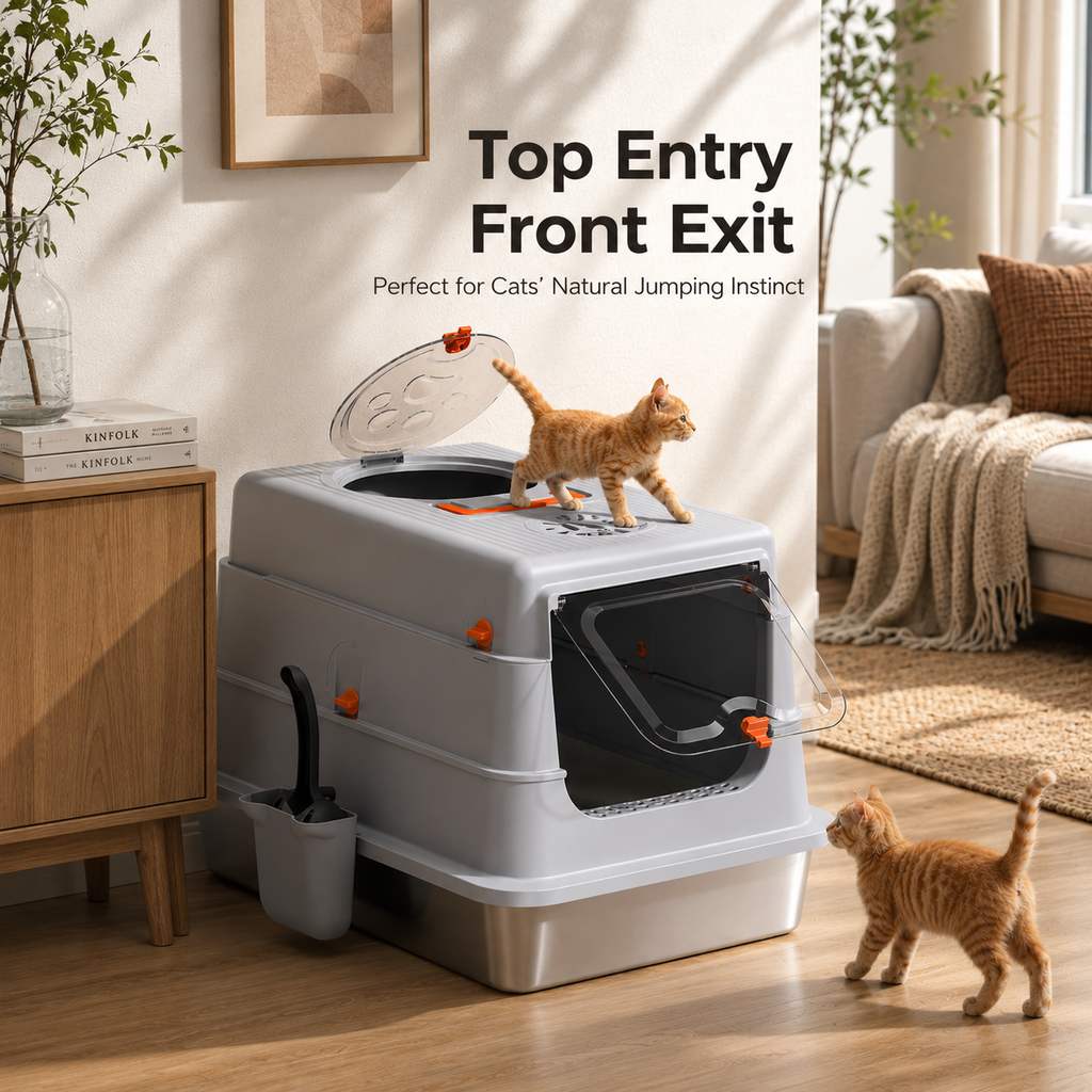 PetNova 3-in-1 Stainless Steel Top Entry Cat Litter Box