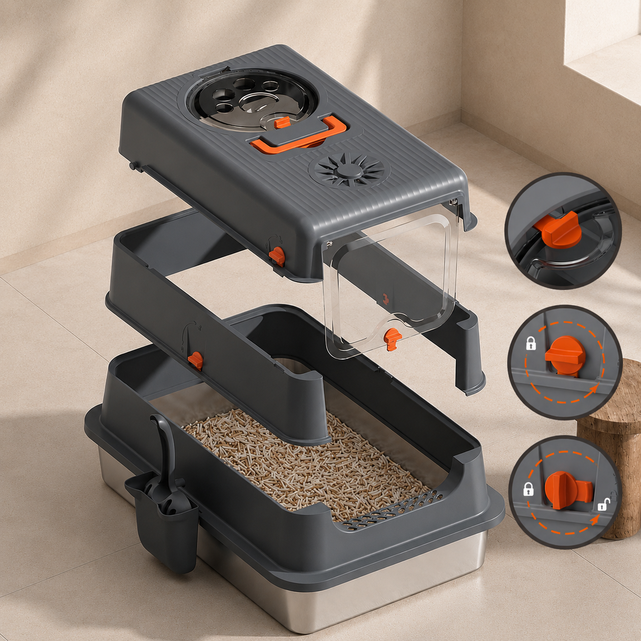 PetNova 3-in-1 Stainless Steel Top Entry Cat Litter Box