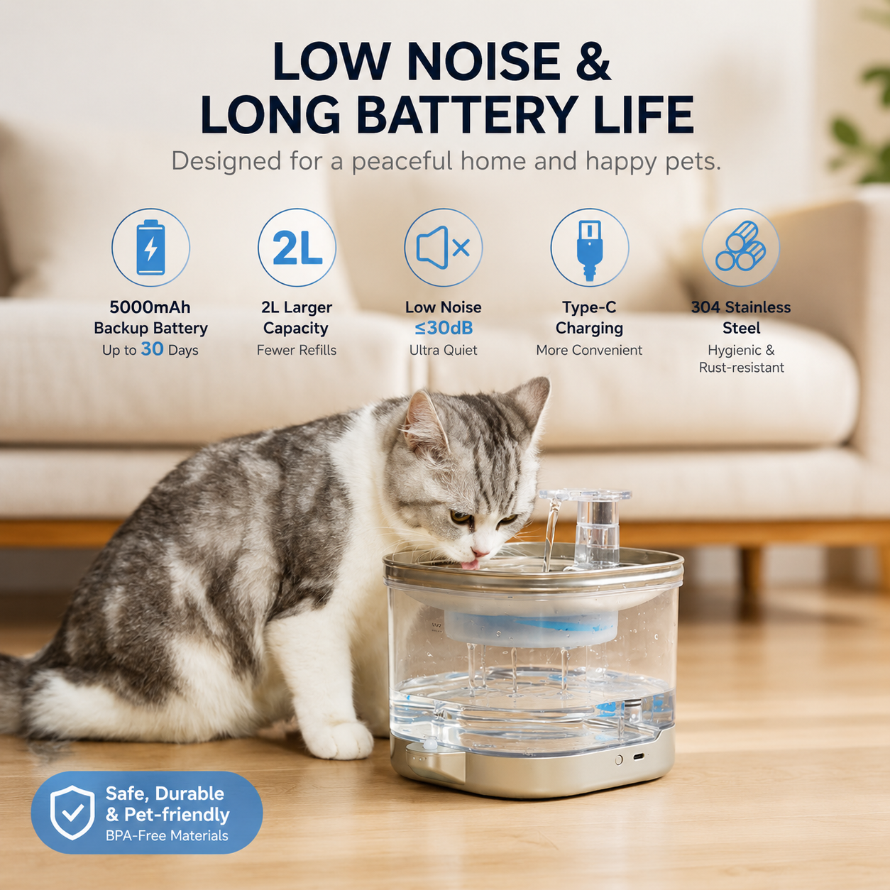 PetNova Automatic Stainless Steel Cat Water Fountain 2L