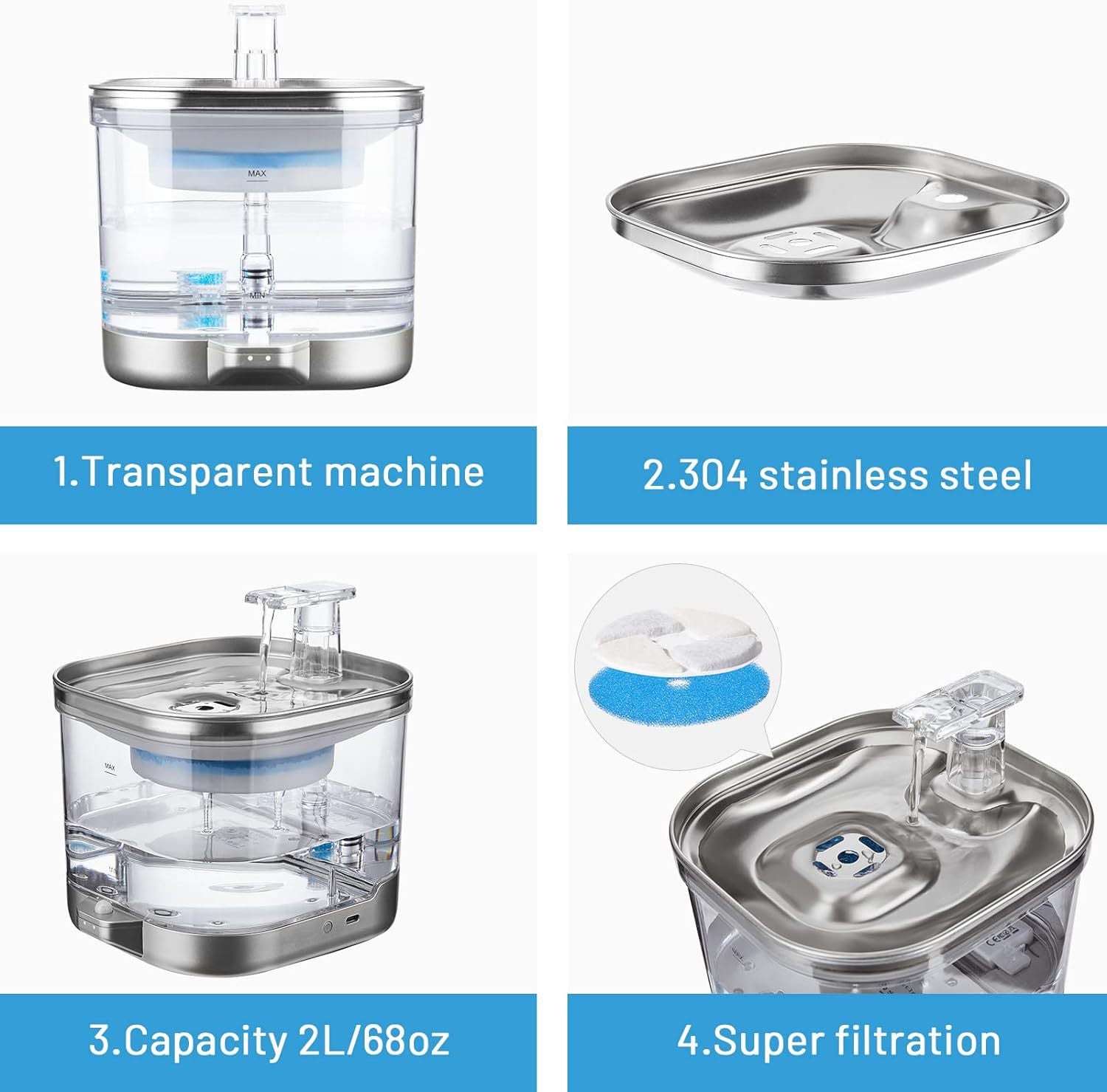 PetNova Automatic Stainless Steel Cat Water Fountain 2L